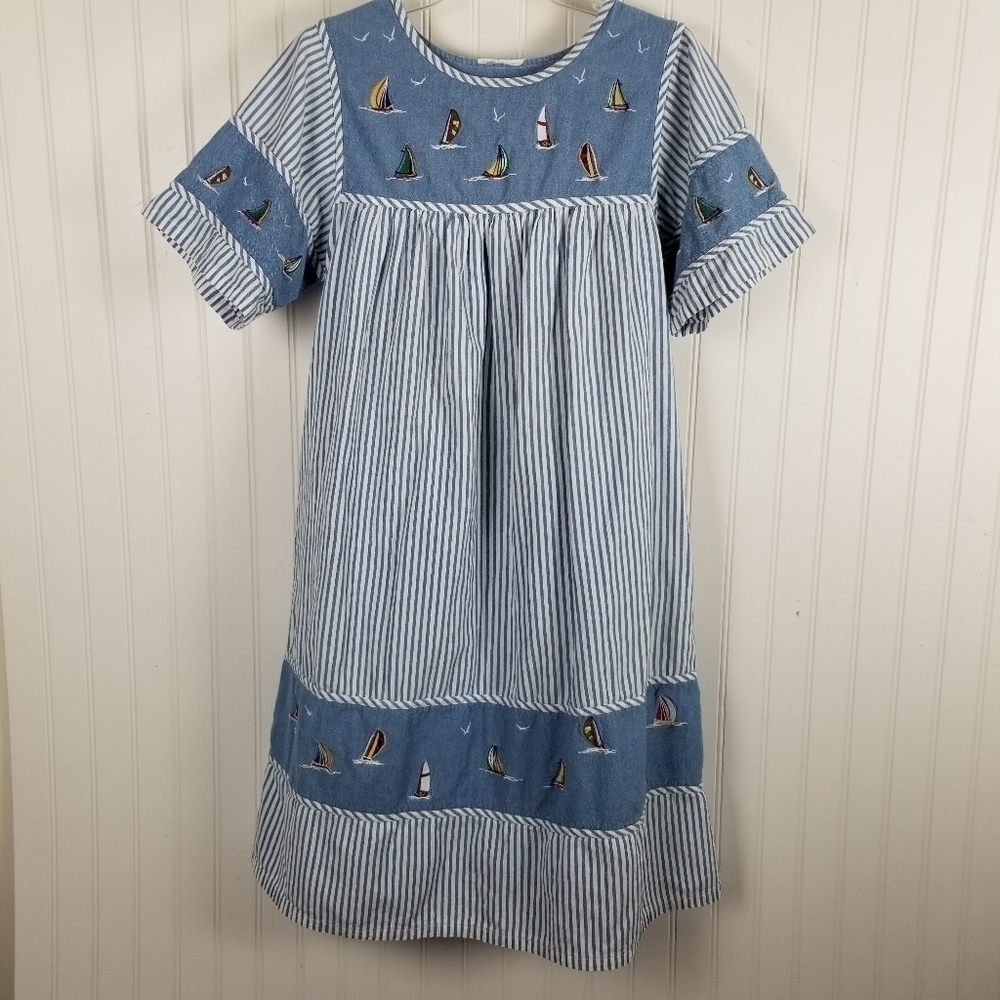 Striped Sailboat Embroidered Short Sleeve Light Denim Dress Summer Nautical S/XS - Picture 14 of 14